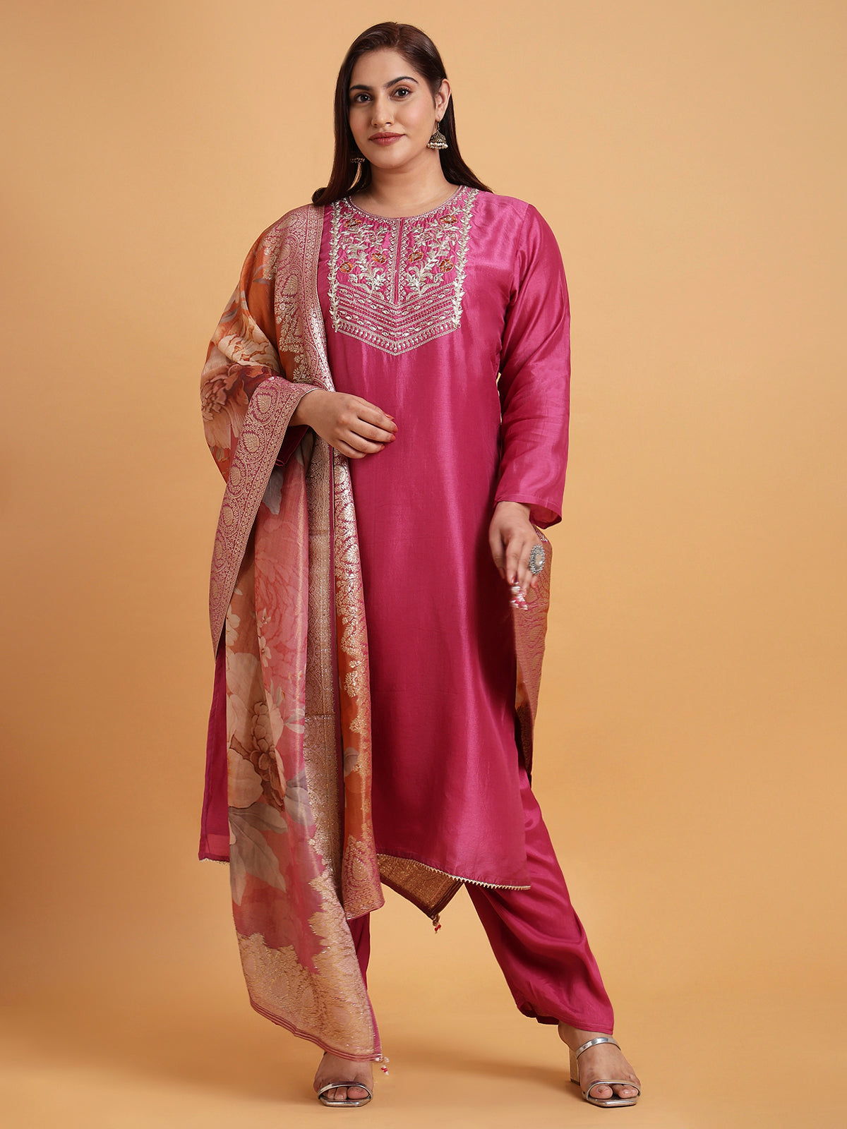 Magenta kurta set with orange floral printed dupatta