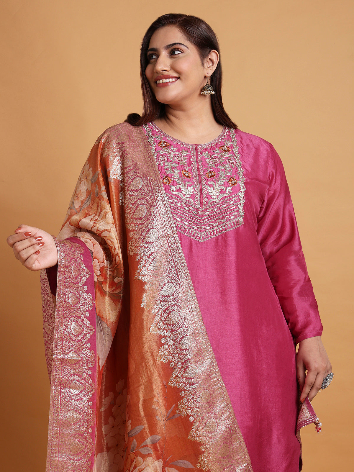 Magenta kurta set with orange floral printed dupatta