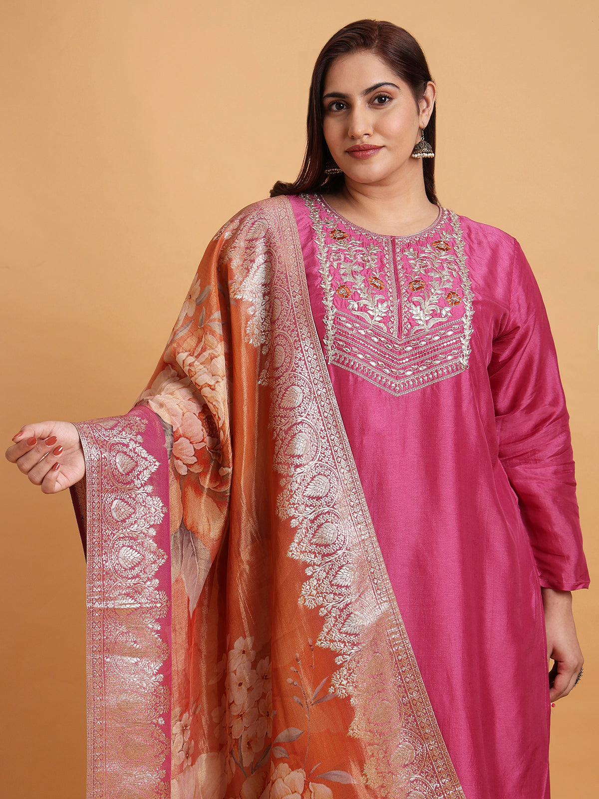 Magenta kurta set with orange floral printed dupatta