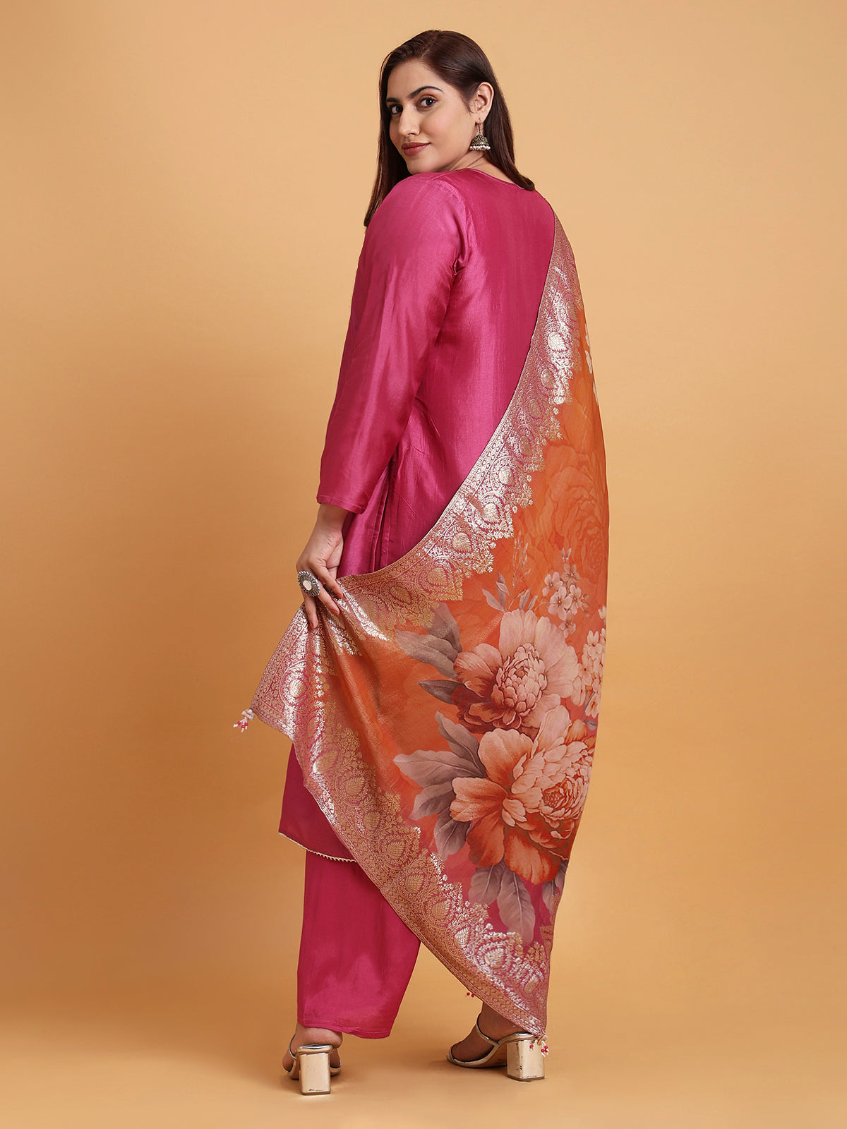 Magenta kurta set with orange floral printed dupatta