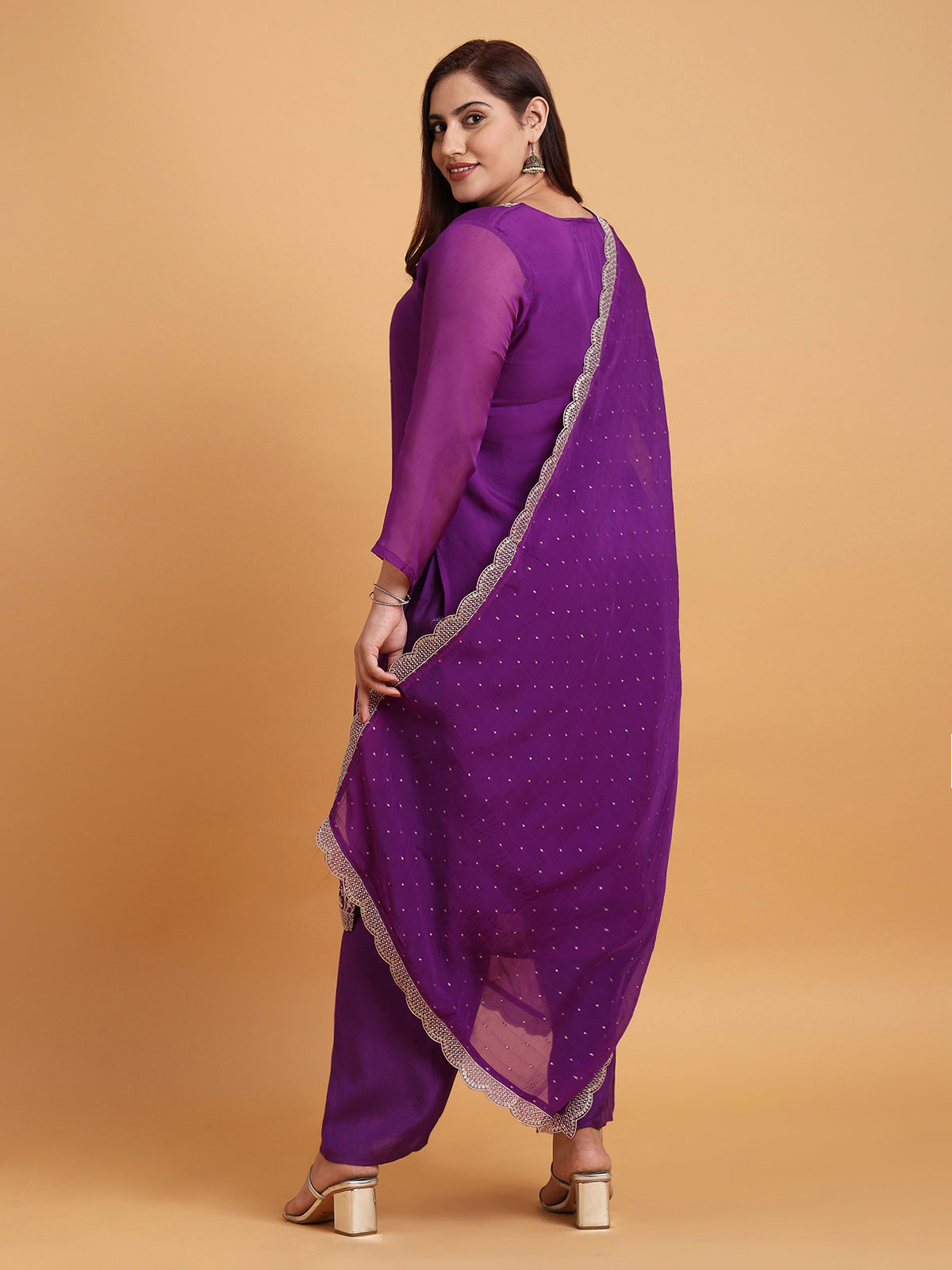 Deep purple kurta set with purple scallop dupatta