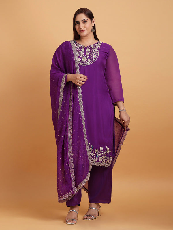 Deep purple kurta set with purple scallop dupatta