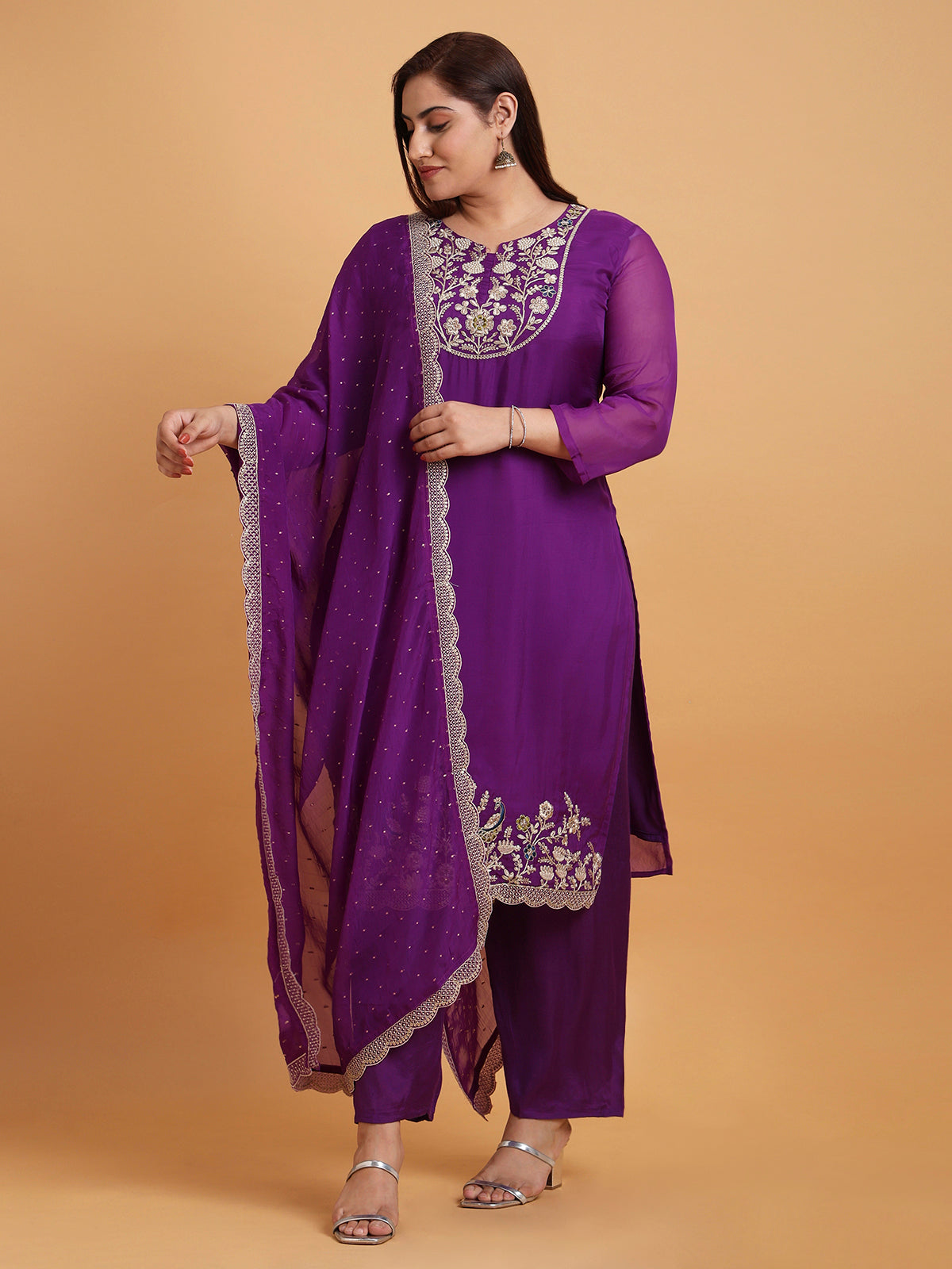 Deep purple kurta set with purple scallop dupatta