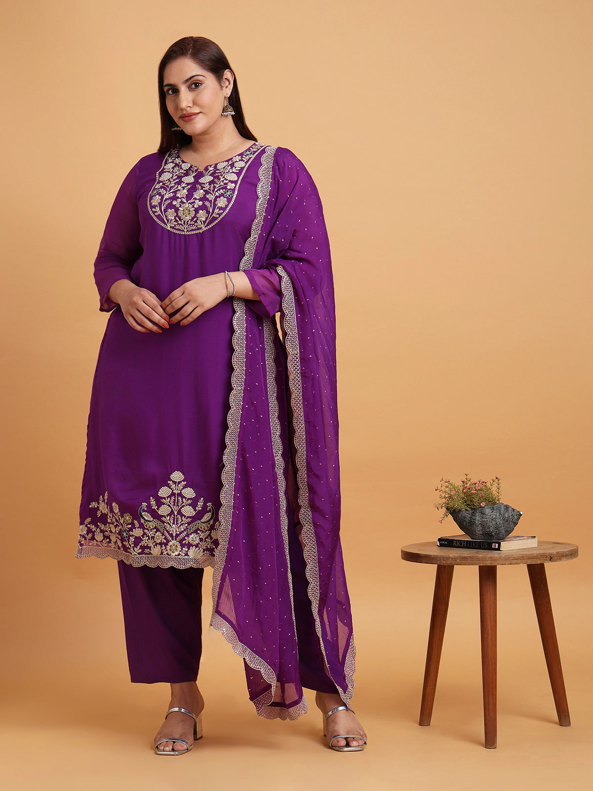 Deep purple kurta set with purple scallop dupatta