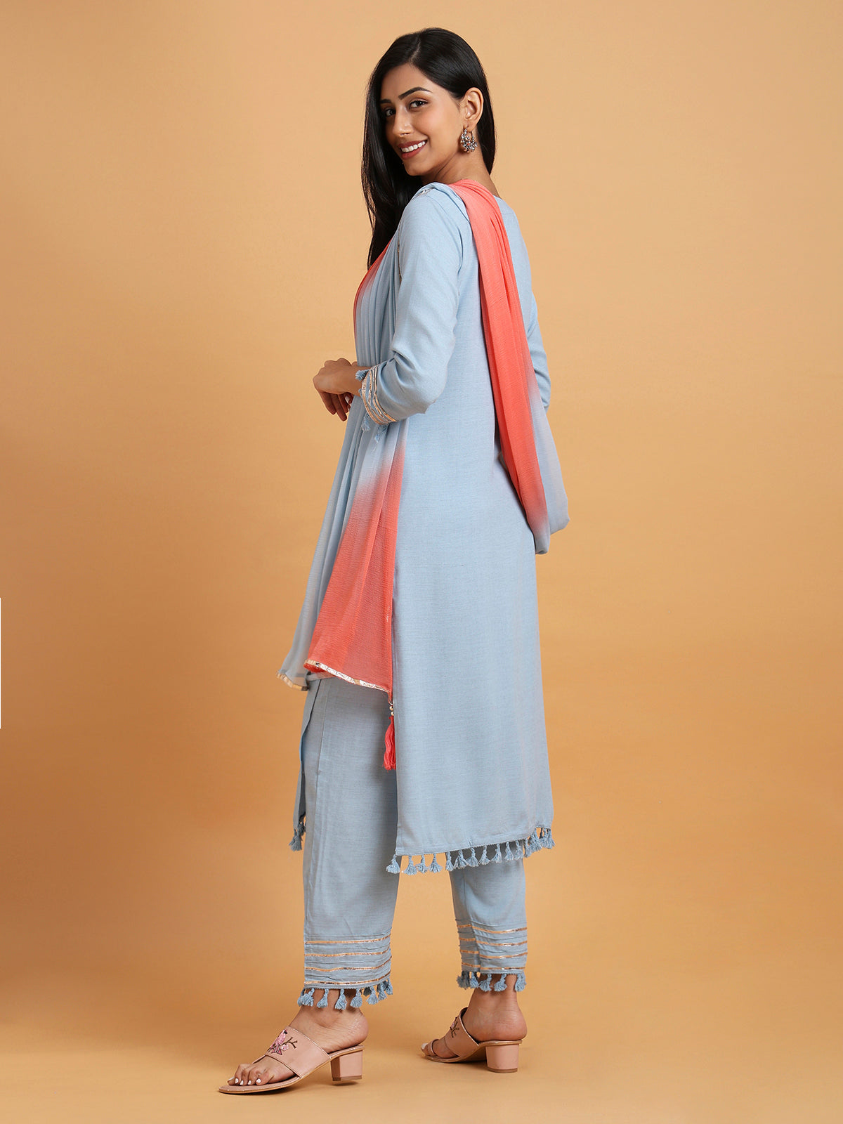 Light blue floral embroidered kurta set with two tone dupatta