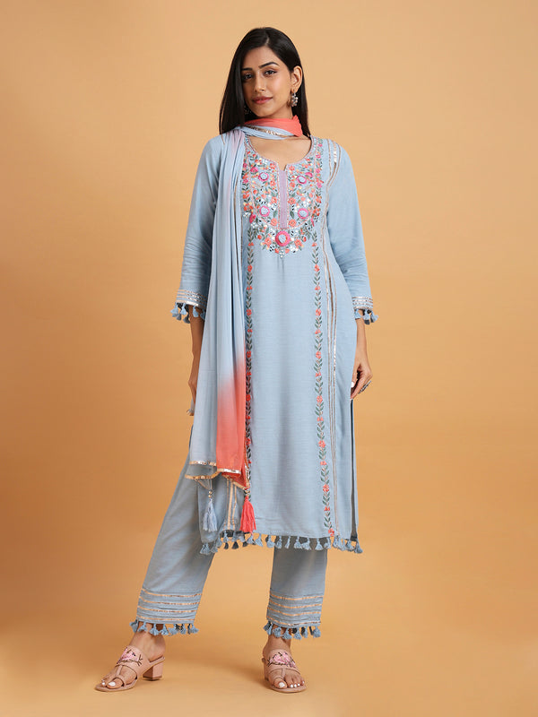 Light blue floral embroidered kurta set with two tone dupatta