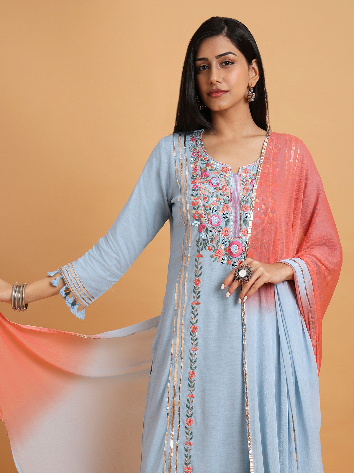 Light blue floral embroidered kurta set with two tone dupatta