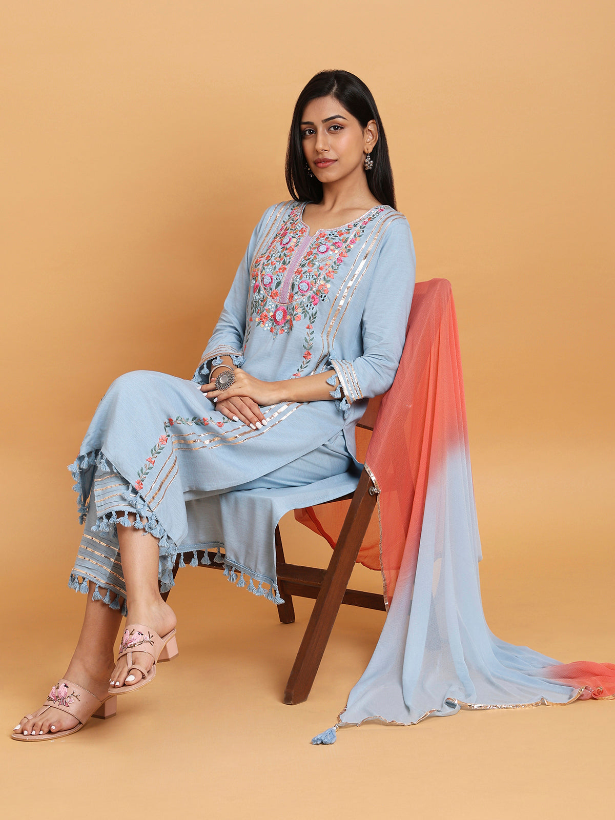 Light blue floral embroidered kurta set with two tone dupatta