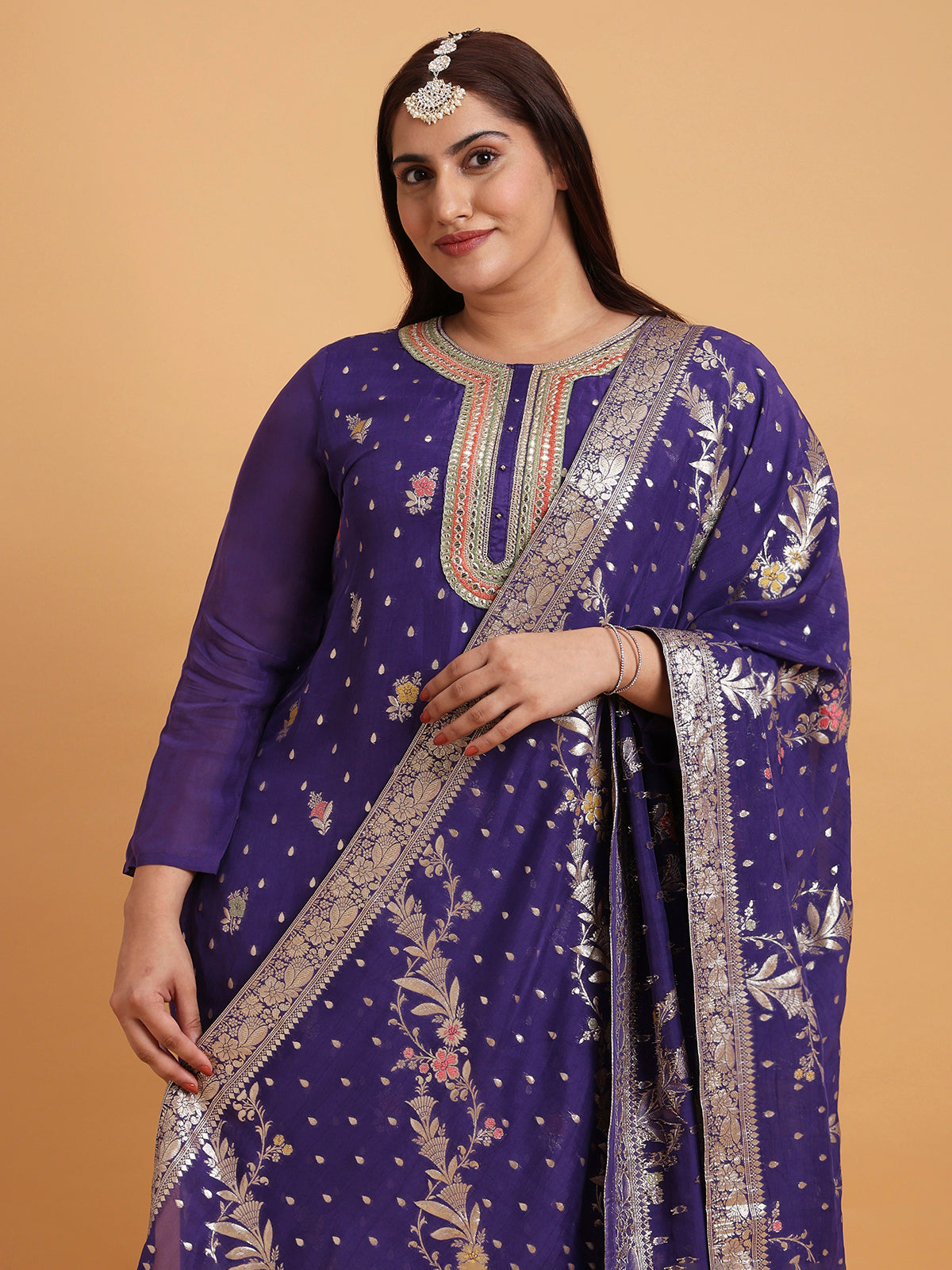 Royal blue with gold woven kurta set and dupatta