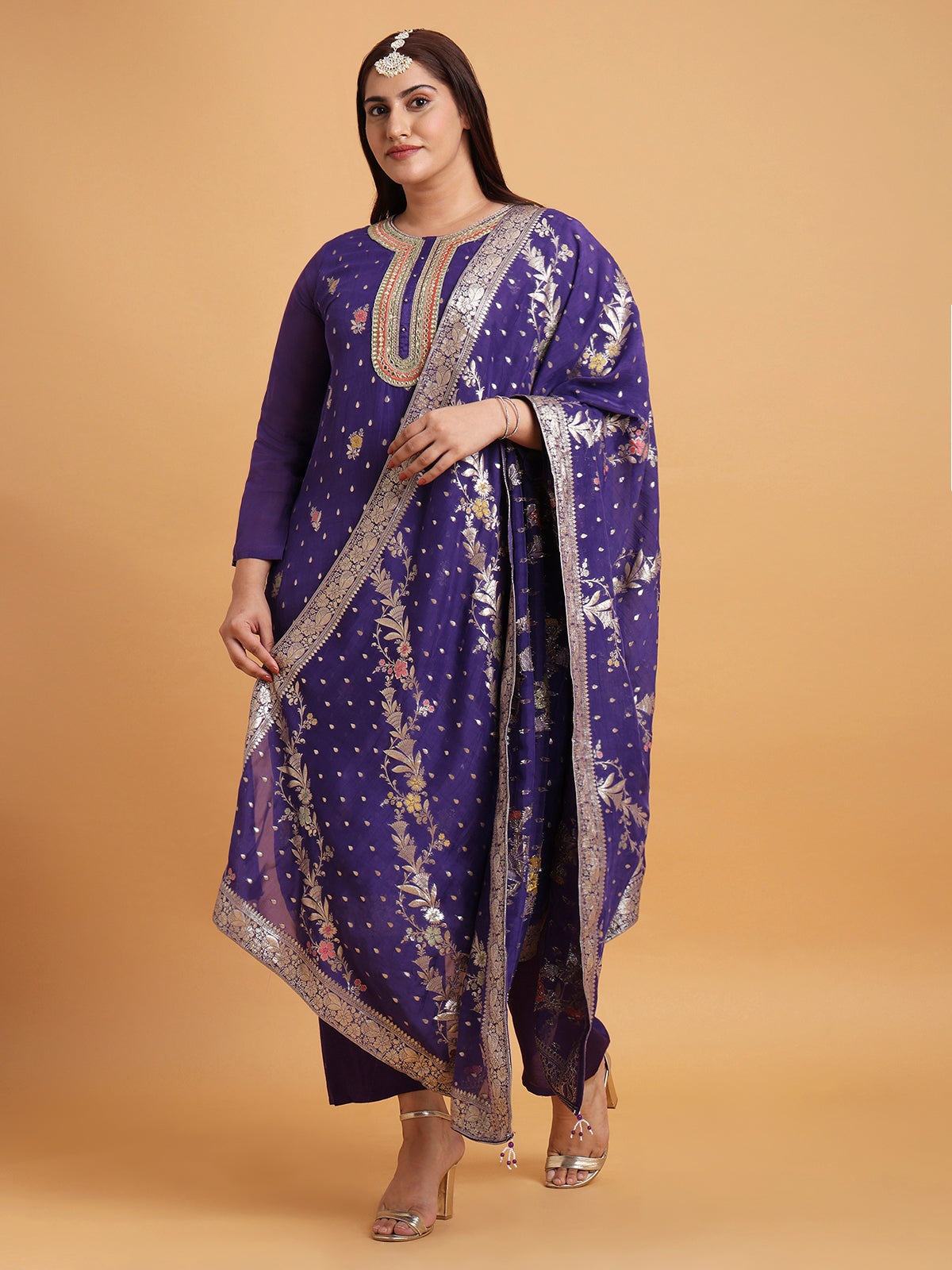 Royal blue with gold woven kurta set and dupatta