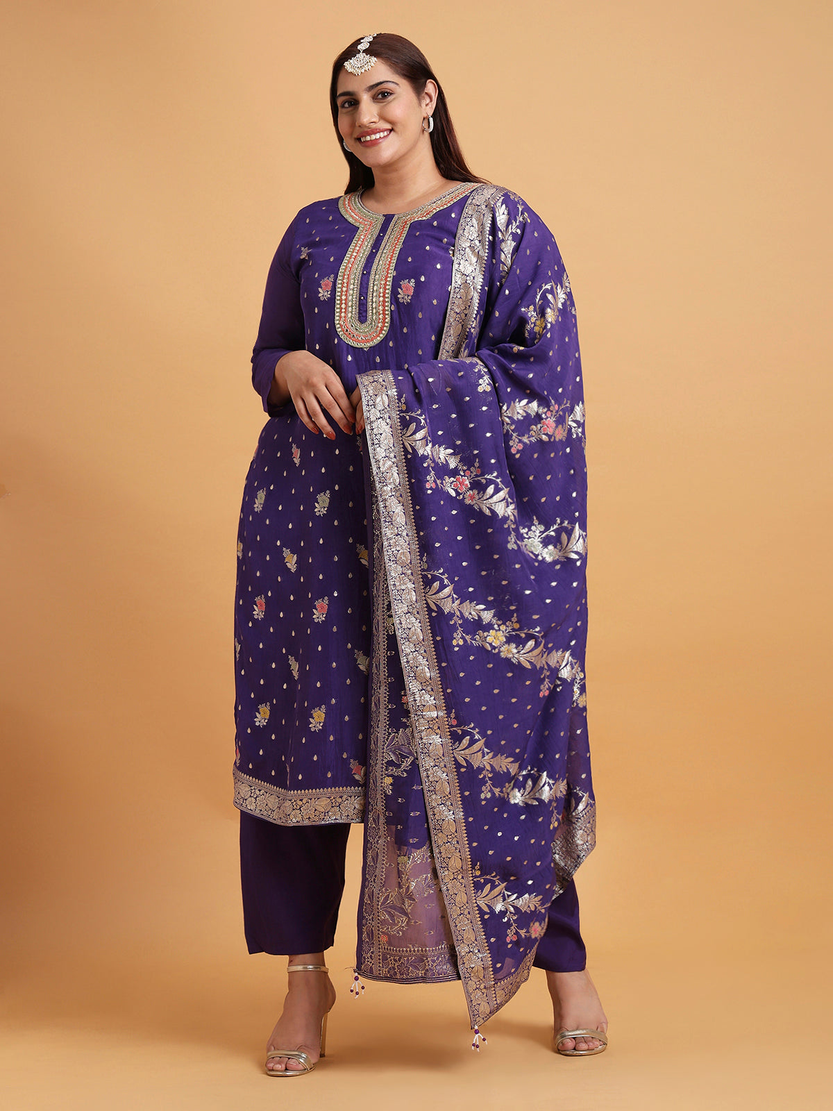 Royal blue with gold woven kurta set and dupatta