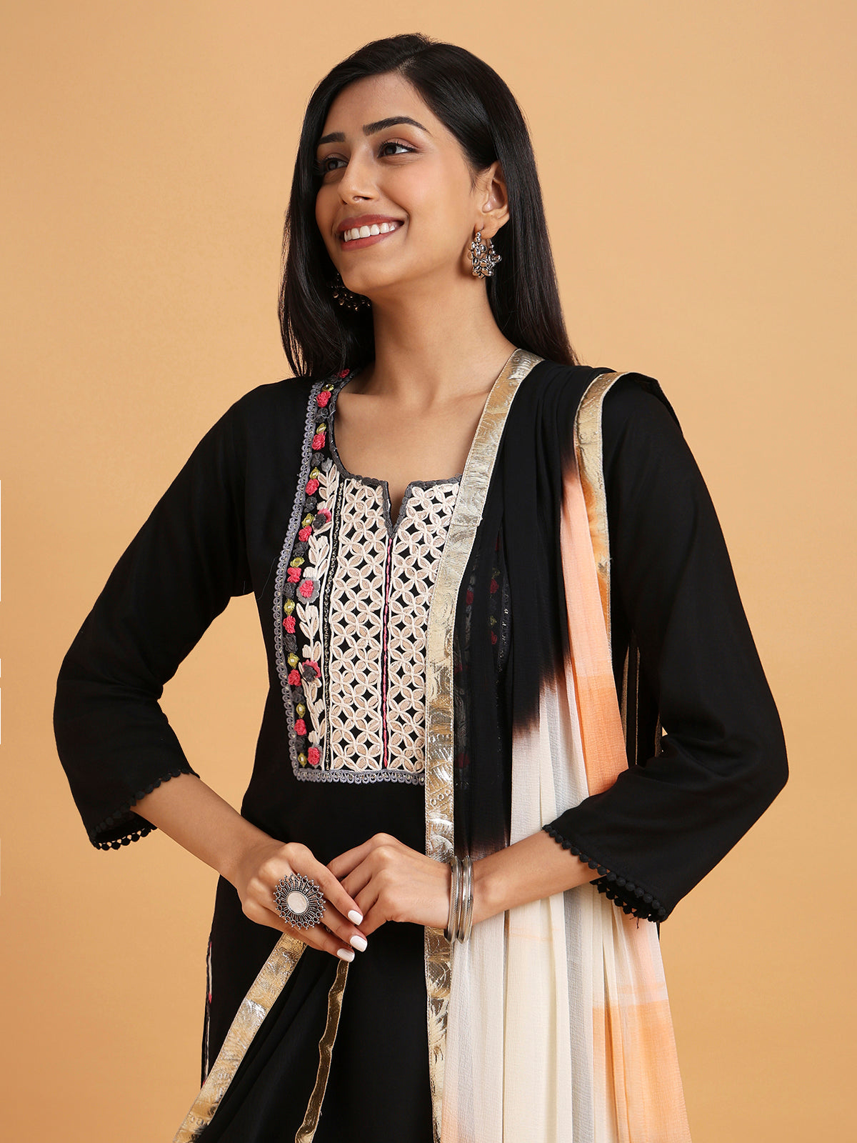 Black and white floral embroidered kurta set with two tone dupatta