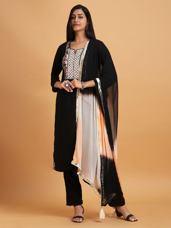 Black and white floral embroidered kurta set with two tone dupatta