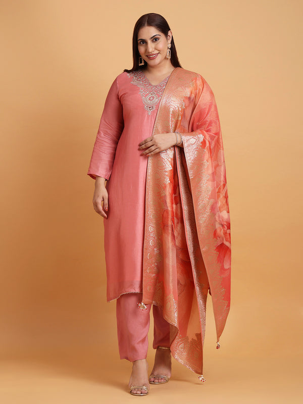 Light coral kurta set with peach floral printed dupatta