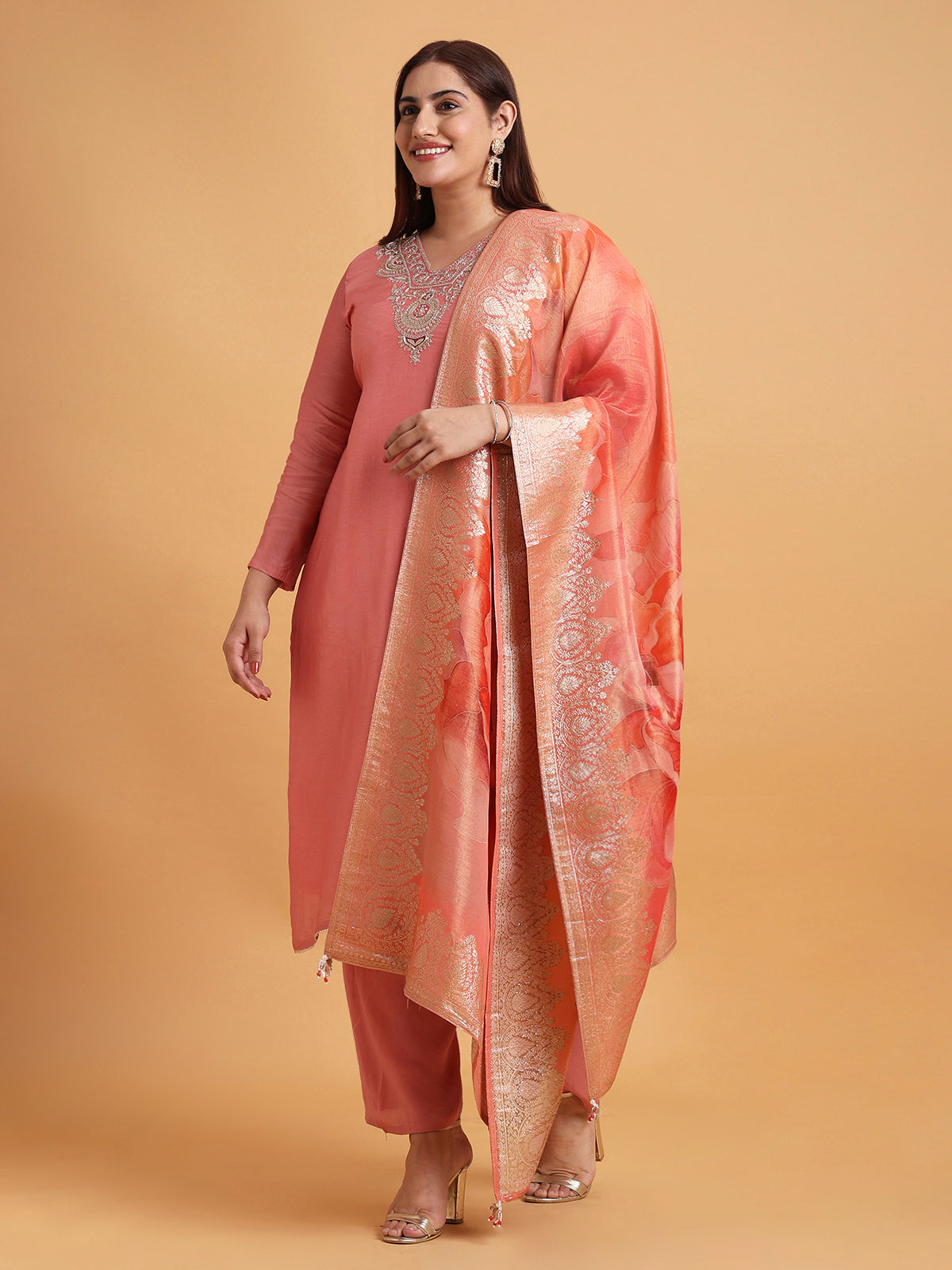 Light coral kurta set with peach floral printed dupatta