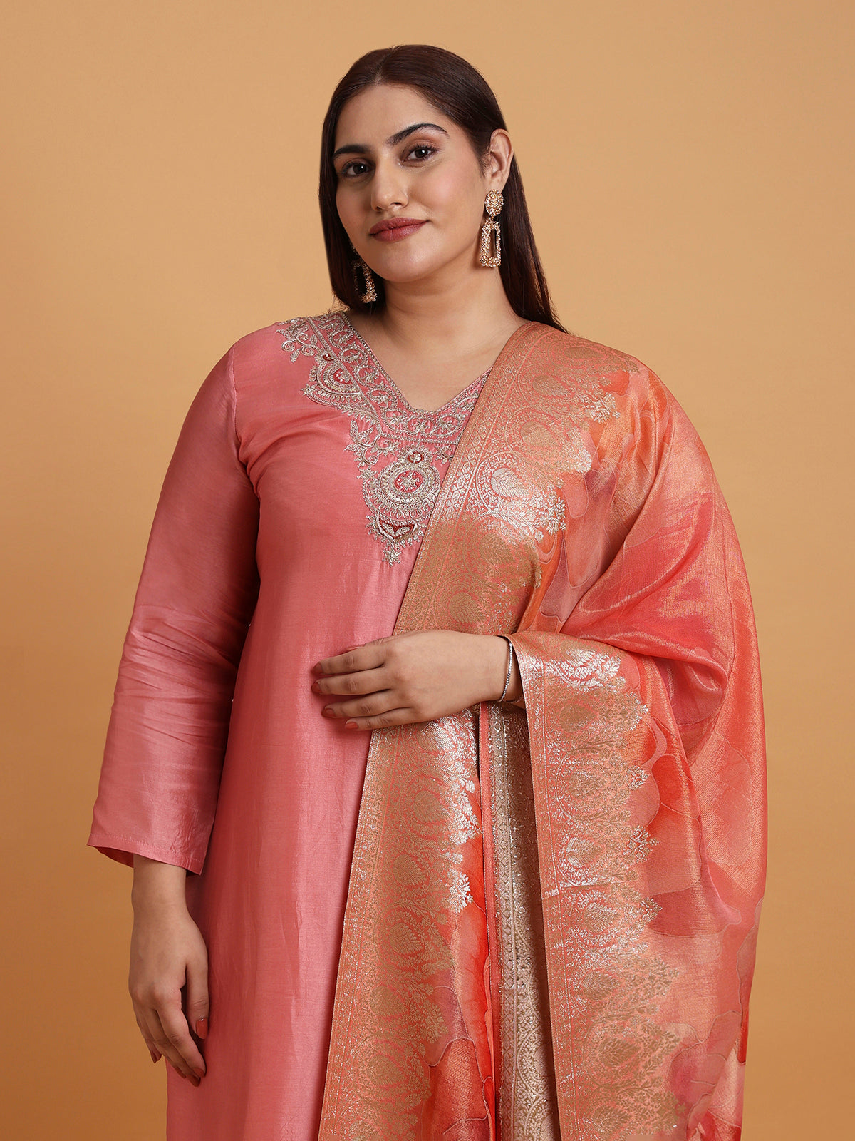 Light coral kurta set with peach floral printed dupatta