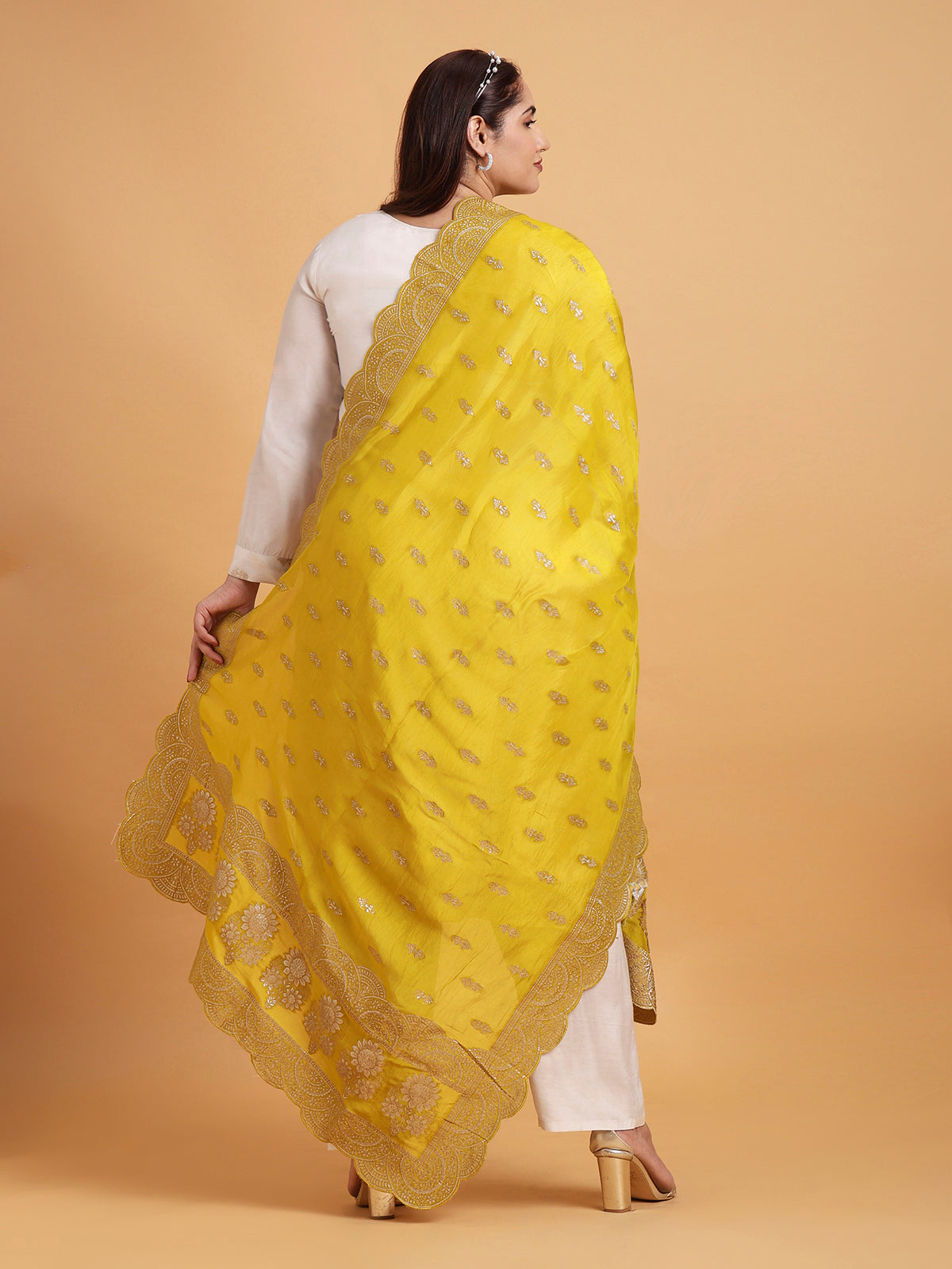 Ivory kurta set with mustard yellow brocade dupatta