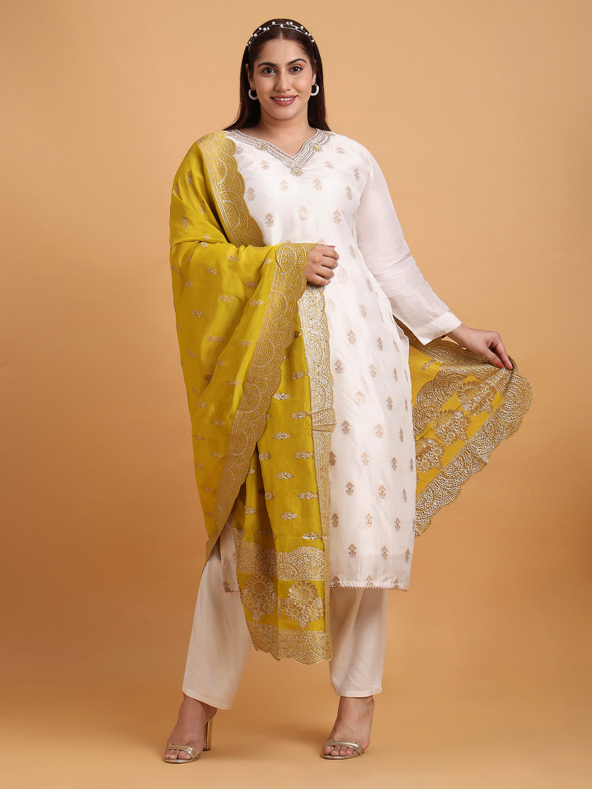 Ivory kurta set with mustard yellow brocade dupatta