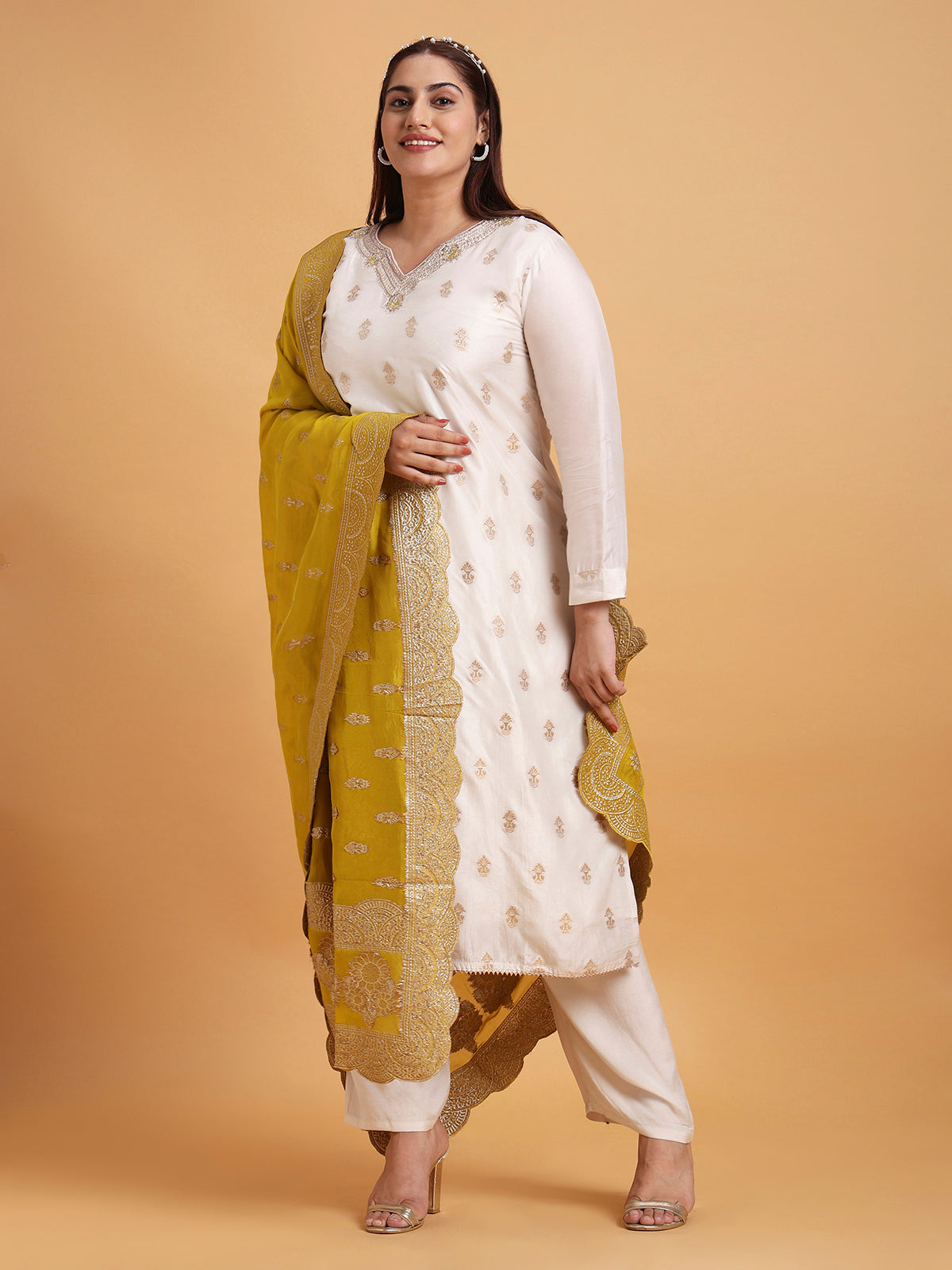 Ivory kurta set with mustard yellow brocade dupatta