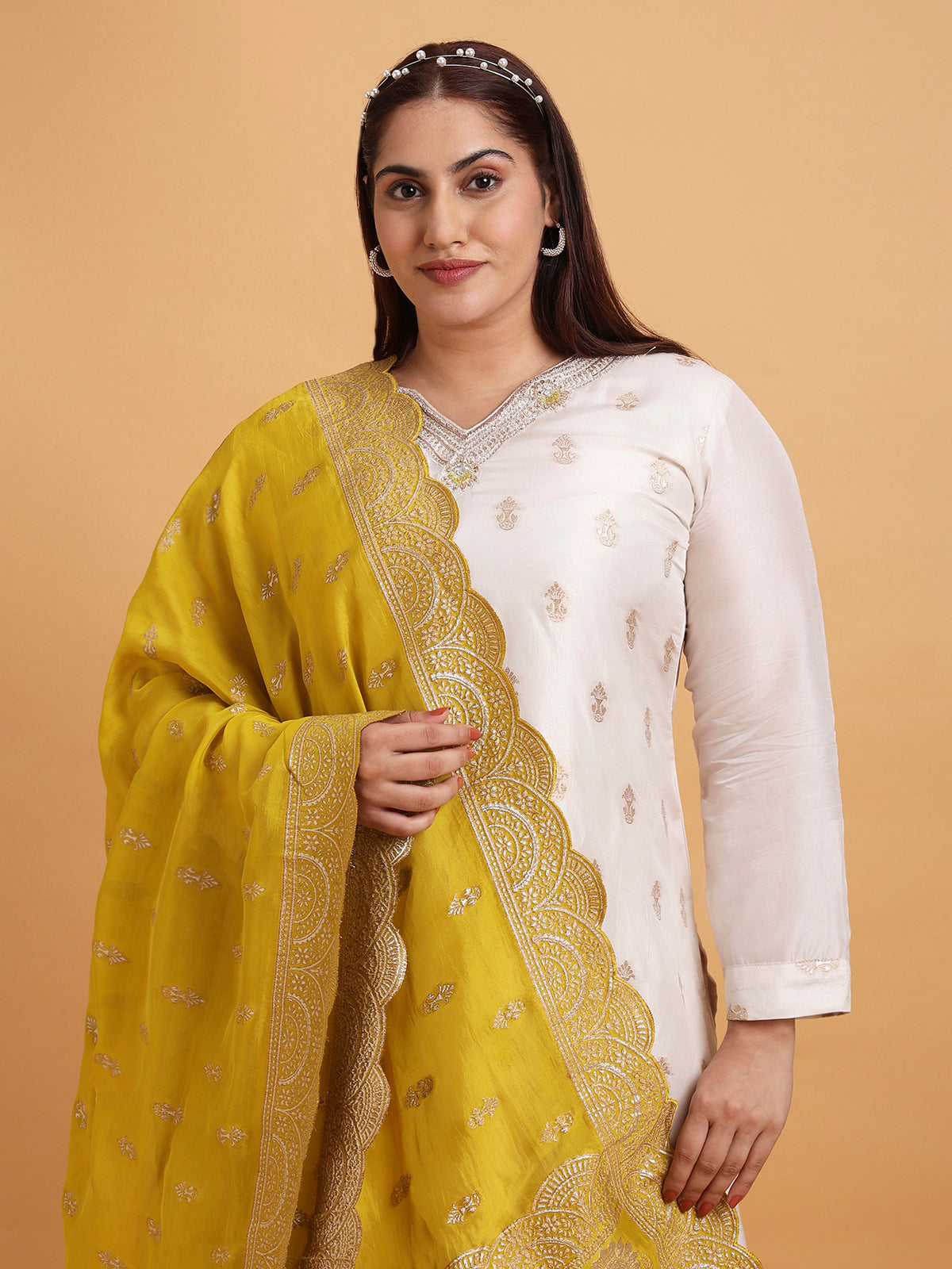 Ivory kurta set with mustard yellow brocade dupatta