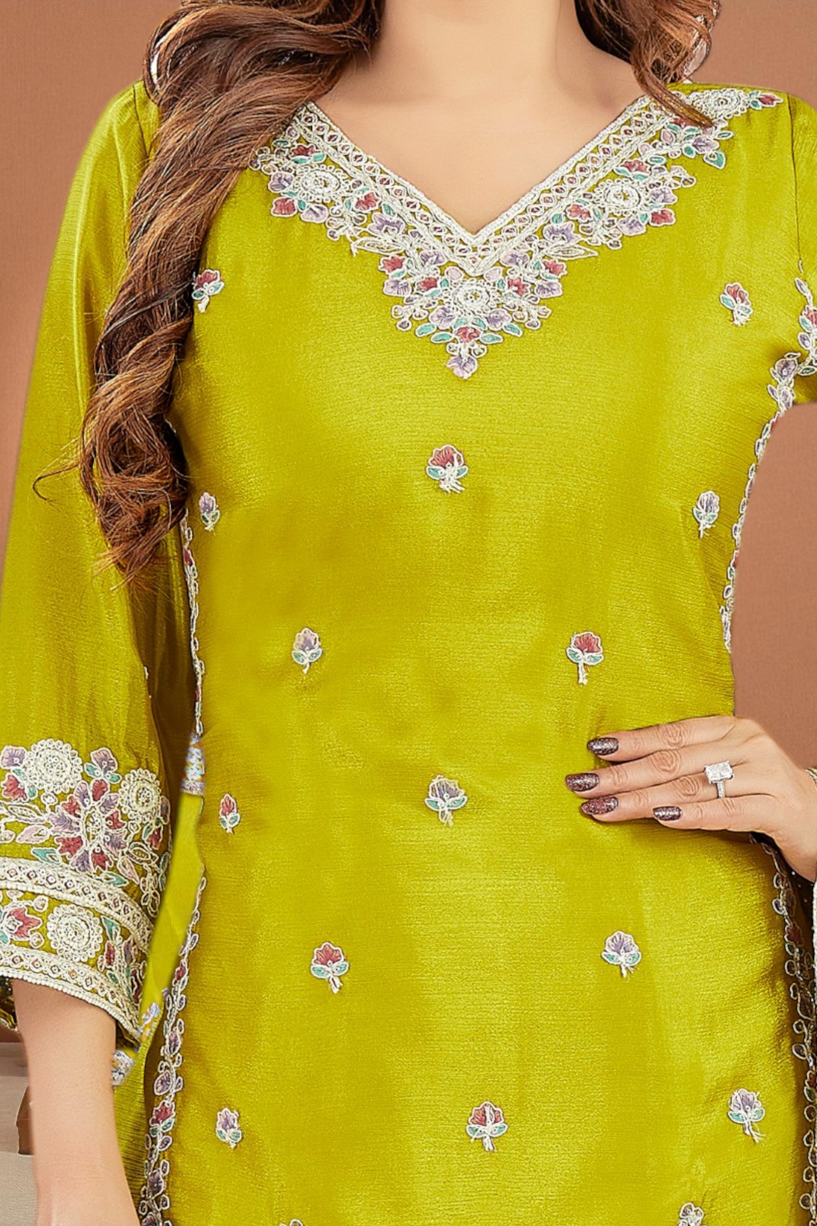 Lime green v-neck chinon silk palazzo set