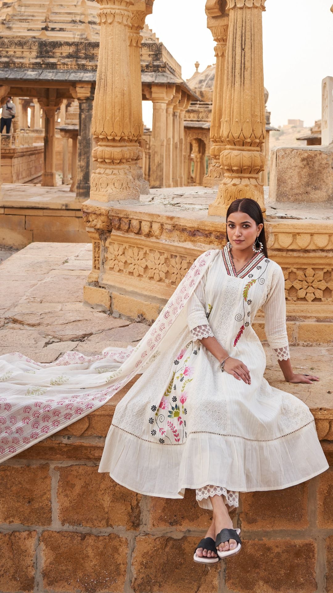 Off white cotton eyelet v-neck anarkali set with floral printed dupatta