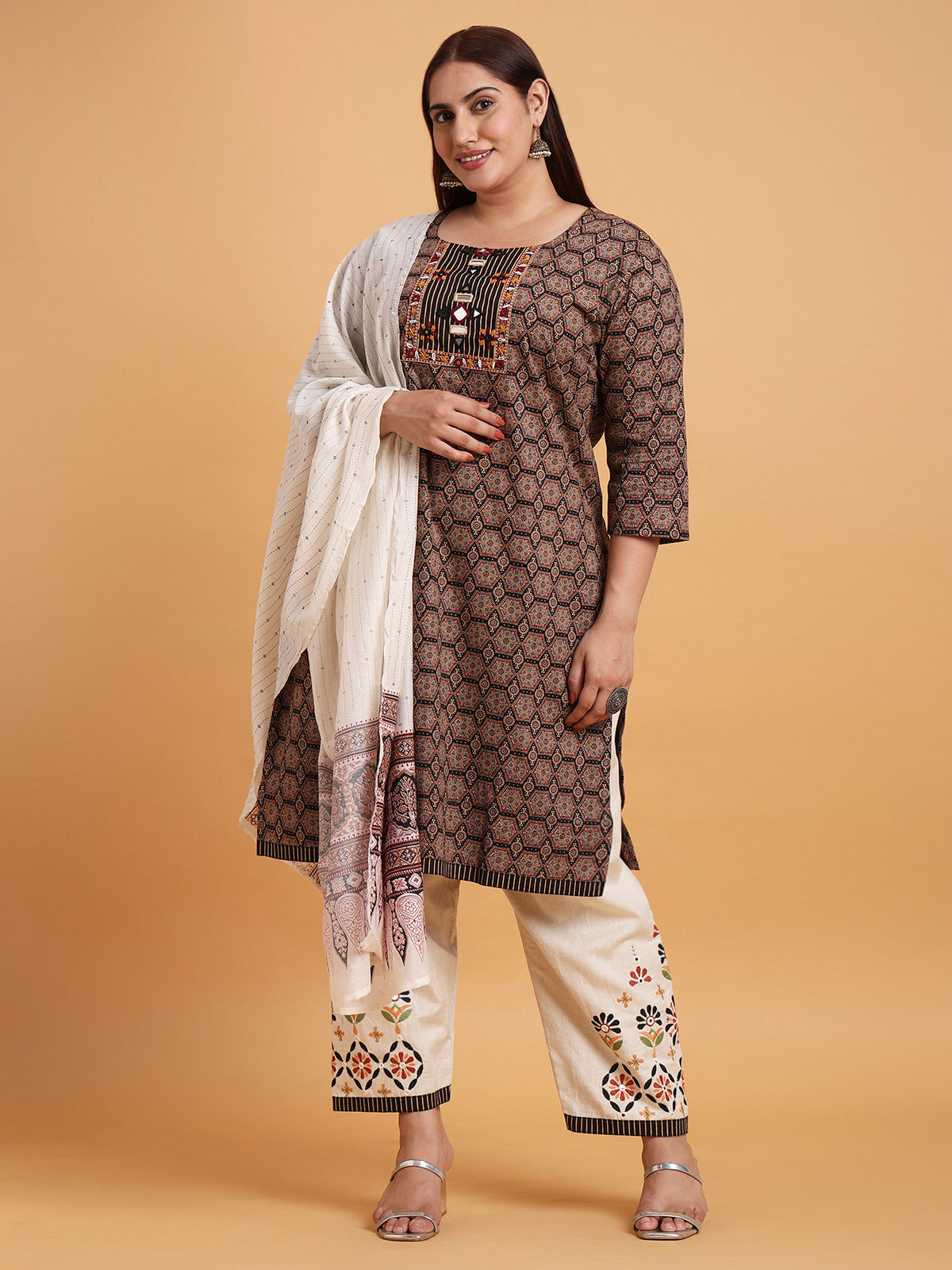 Black ajrakh printed kurta set with cream dupatta