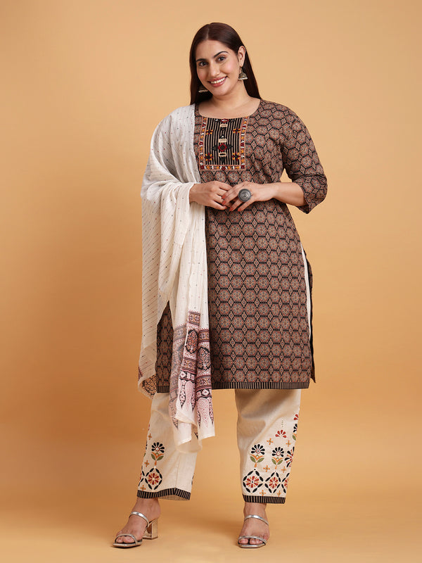 Black ajrakh printed kurta set with cream dupatta