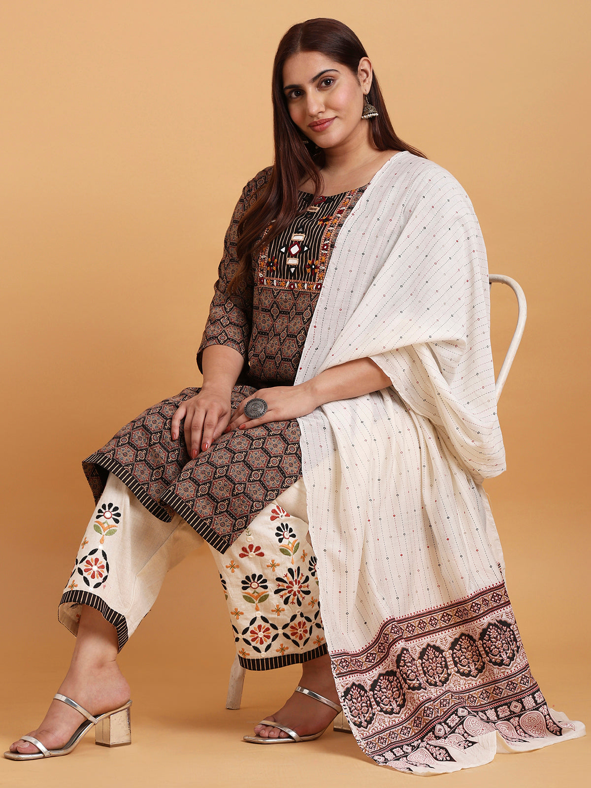 Black ajrakh printed kurta set with cream dupatta