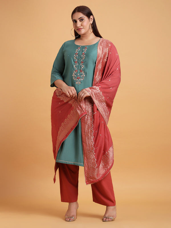 Teal blue kurta set with red and gold dupatta