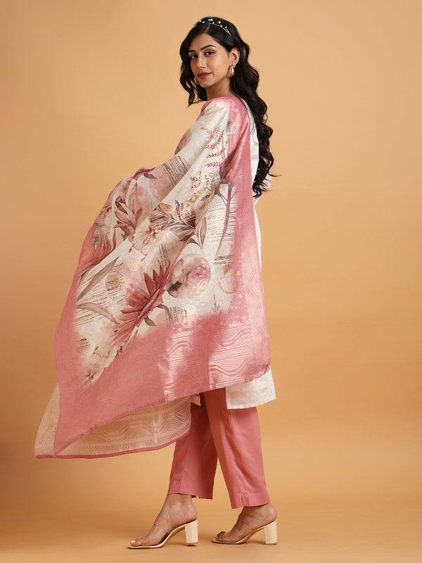 Ivory kurta set with pink printed dupatta