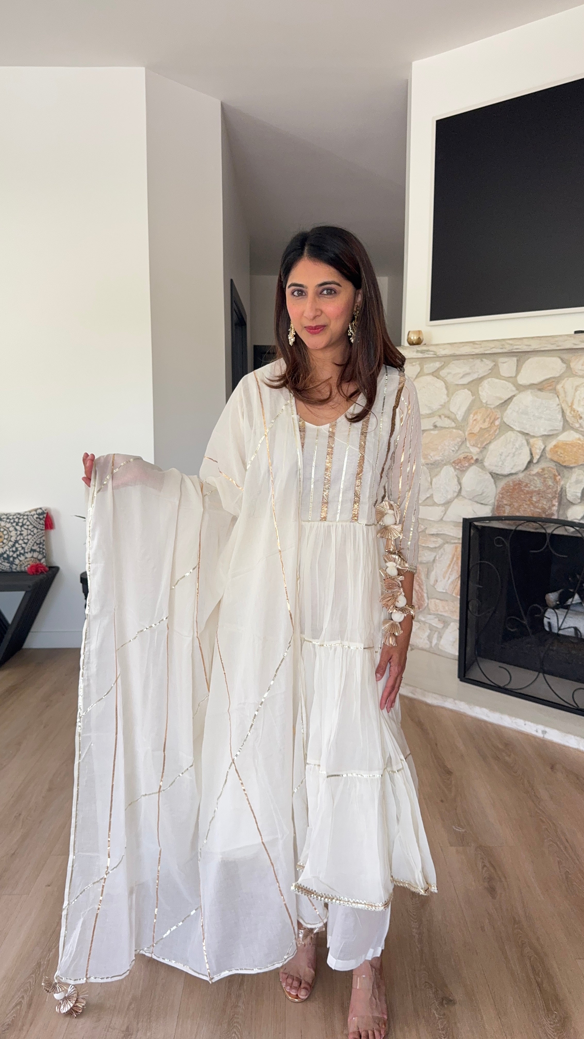 White with gold stripe Anarkali kurta Set