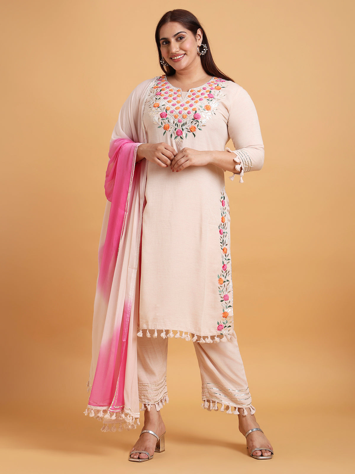 Light pink floral embroidered kurta set with two tone dupatta