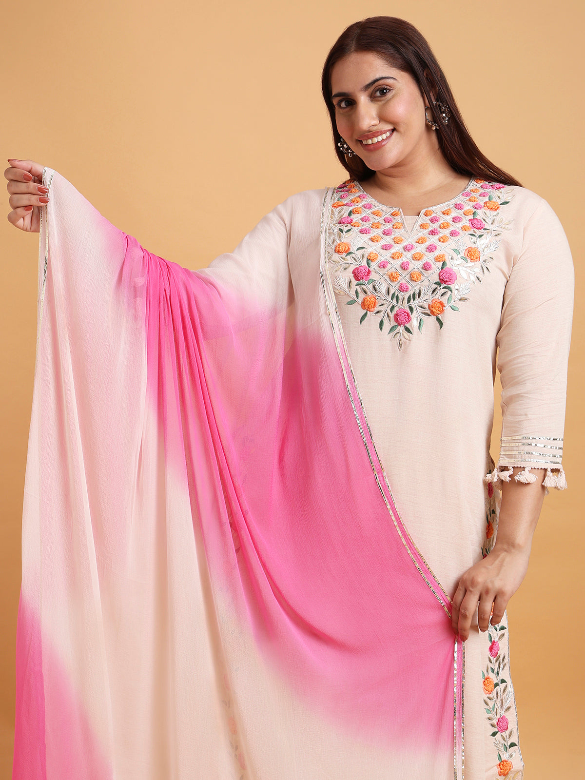 Light pink floral embroidered kurta set with two tone dupatta