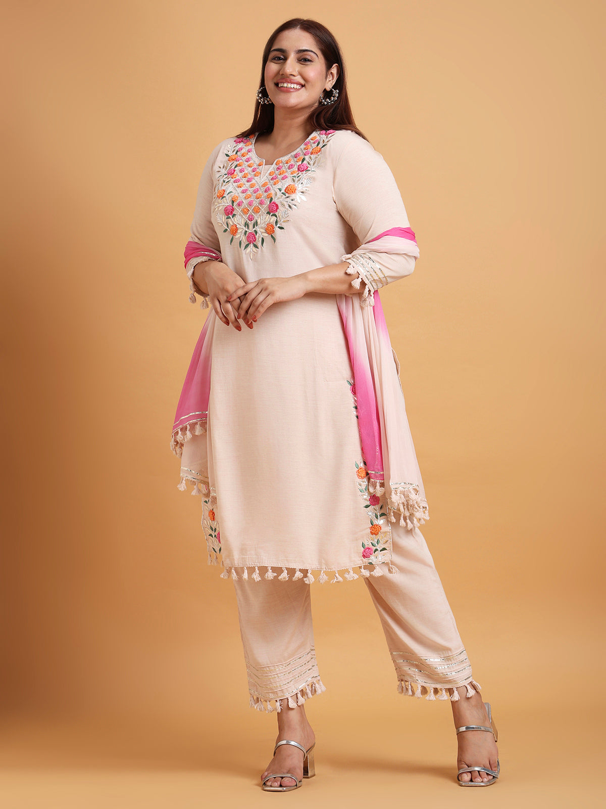 Light pink floral embroidered kurta set with two tone dupatta