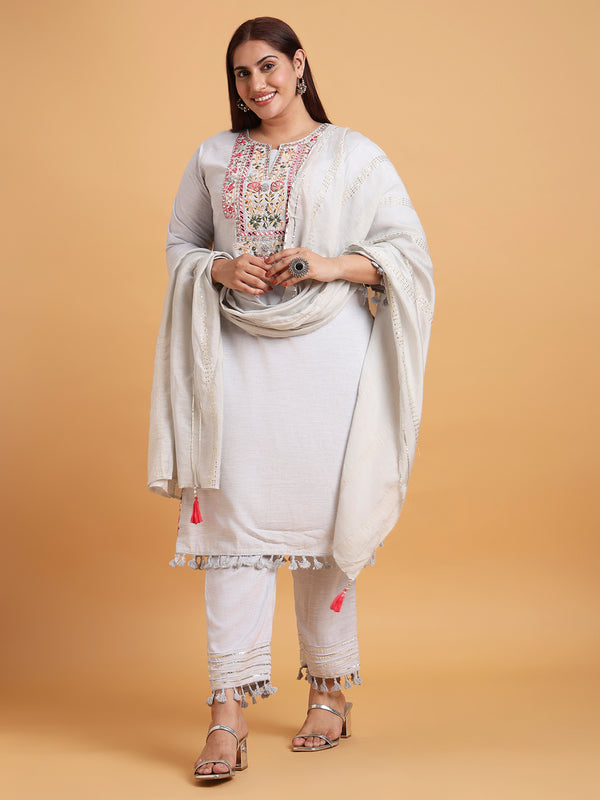 Light grey kurta set with grey sequin dupatta