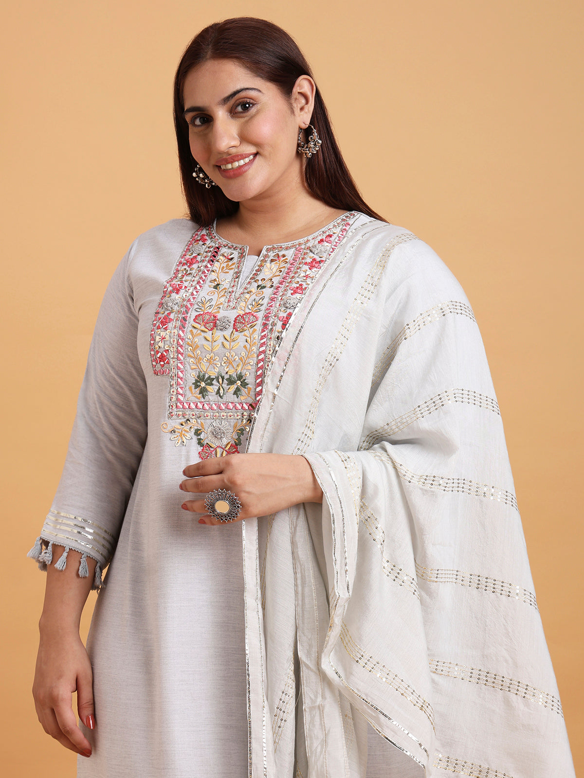 Light grey kurta set with grey sequin dupatta