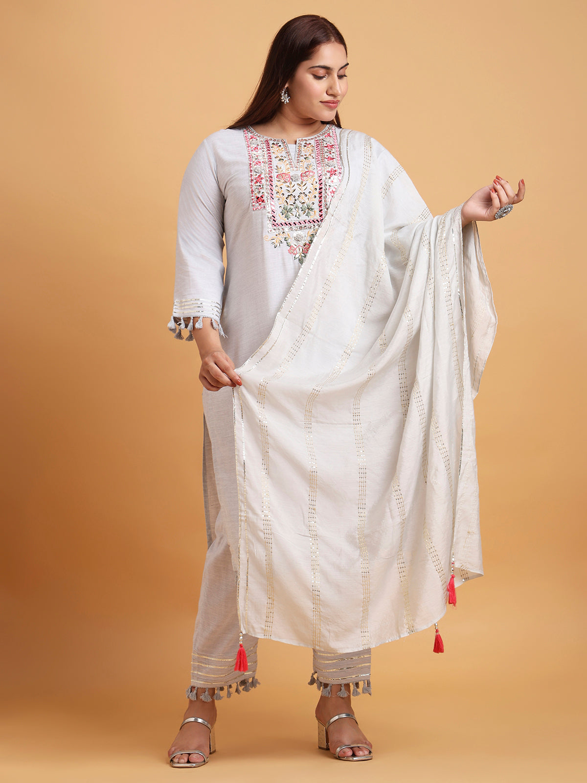 Light grey kurta set with grey sequin dupatta