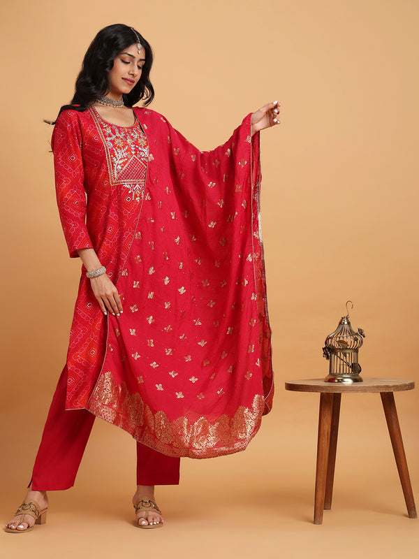 Red bandhni print kurta set with red dupatta