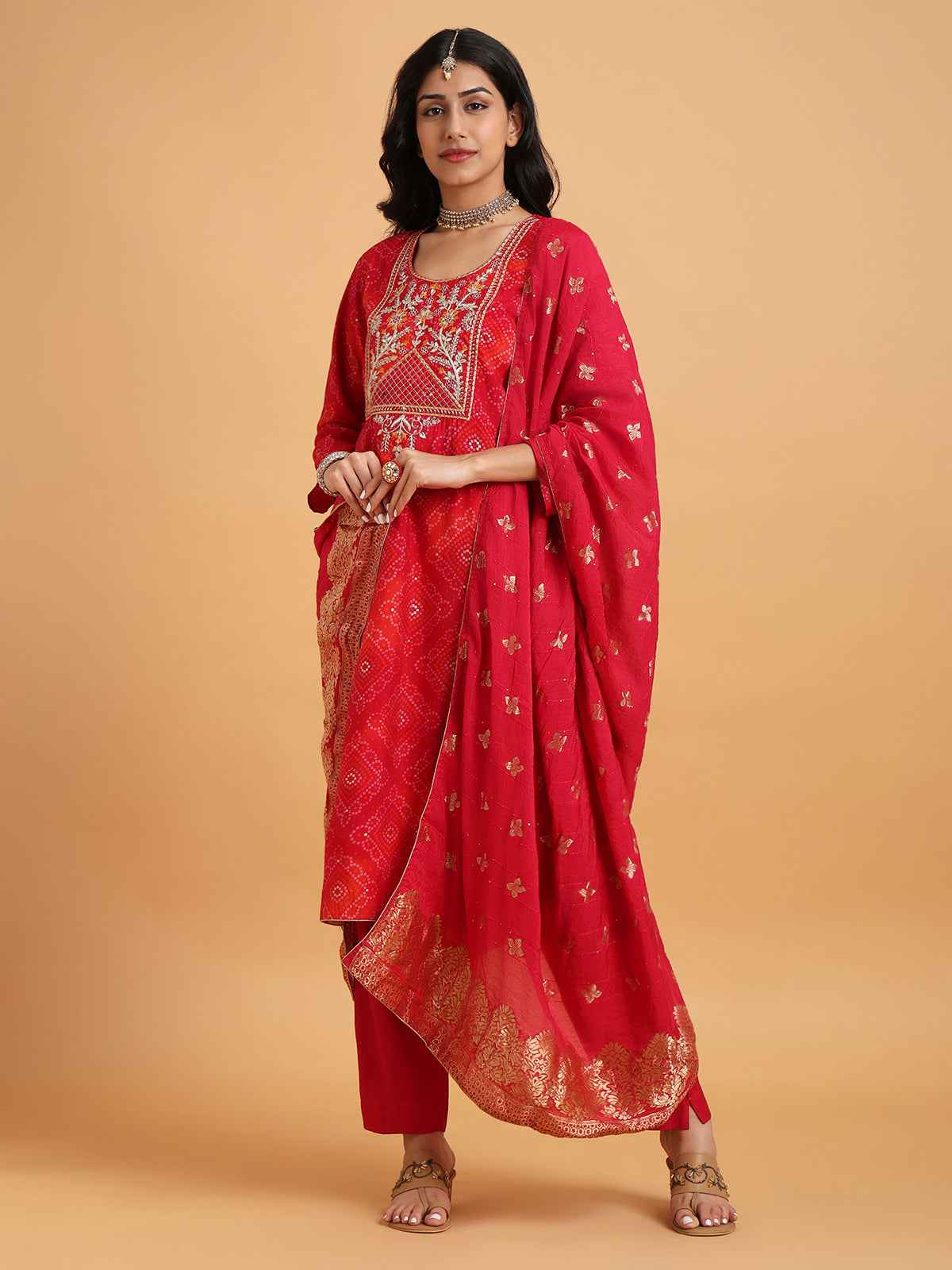 Red bandhni print kurta set with red dupatta