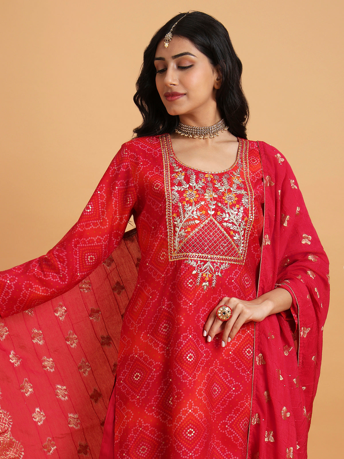 Red bandhni print kurta set with red dupatta