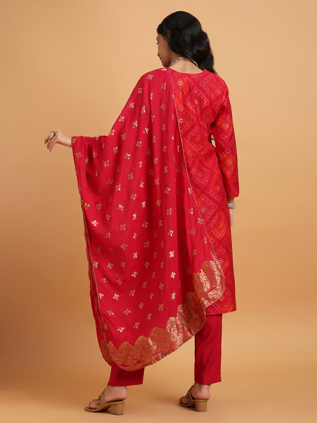 Red bandhni print kurta set with red dupatta