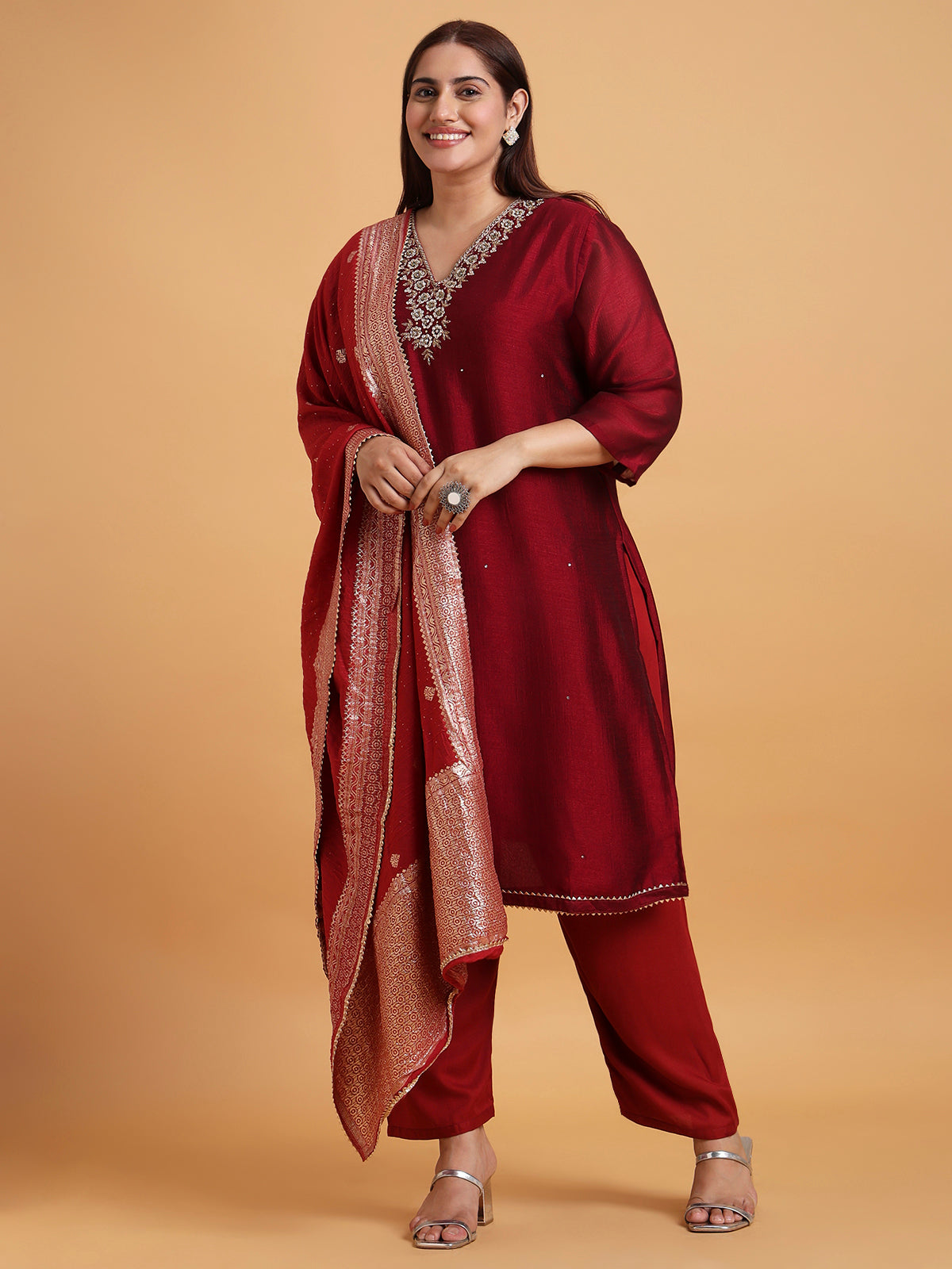 Maroon kurta set with red woven dupatta