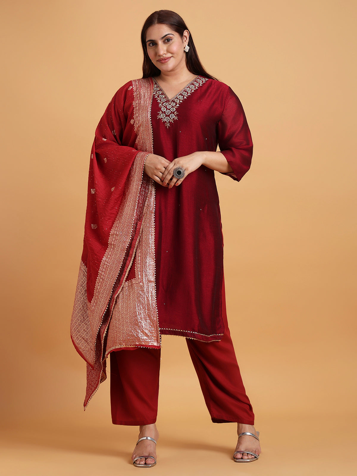 Maroon kurta set with red woven dupatta