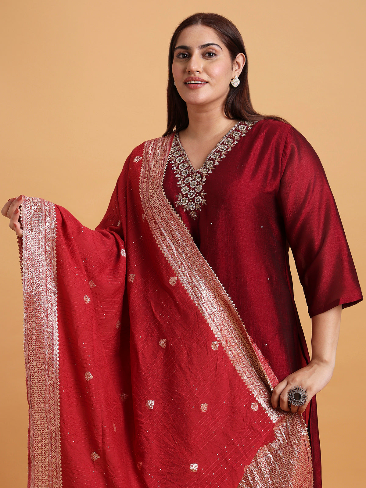 Maroon kurta set with red woven dupatta