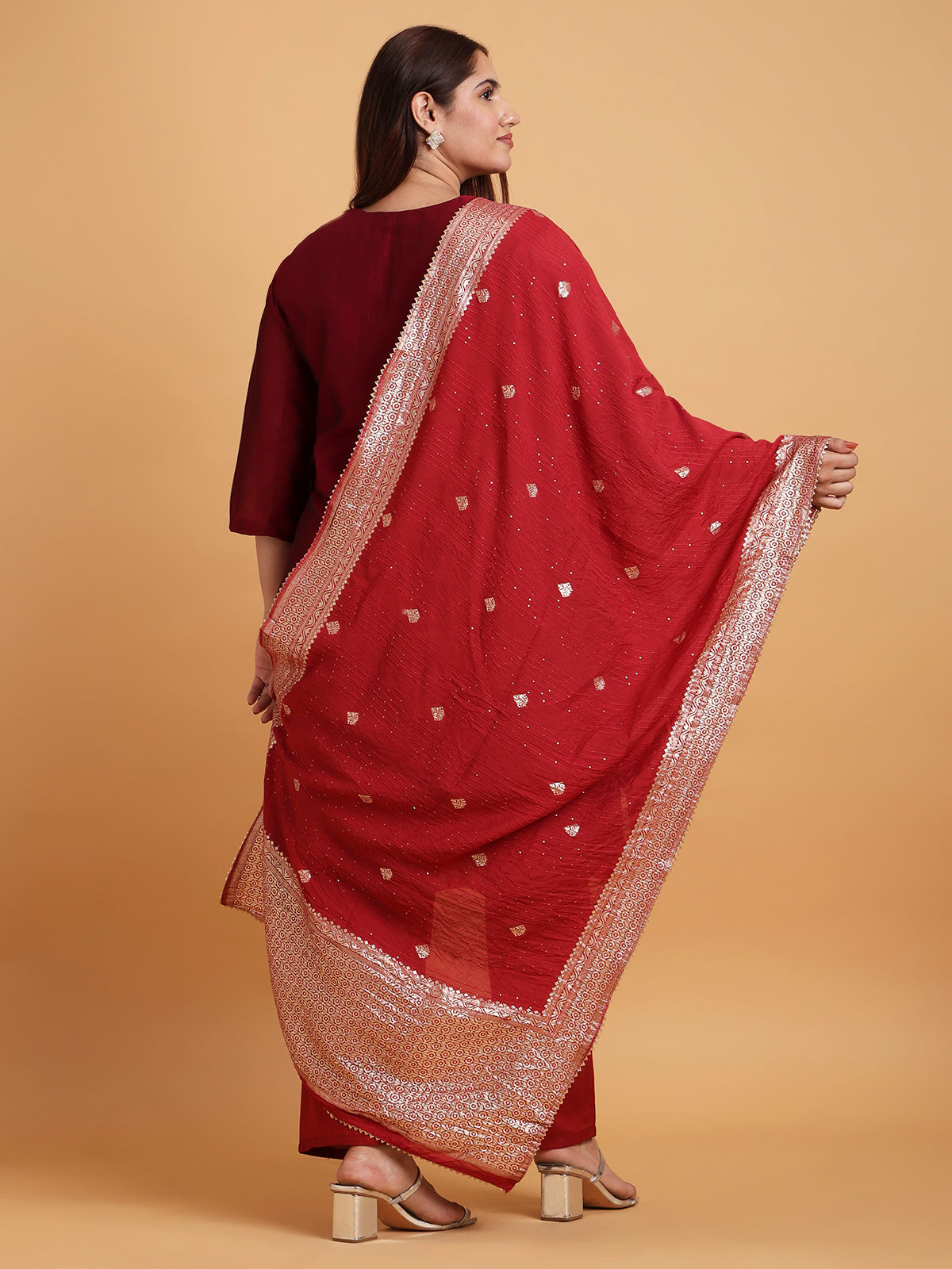 Maroon kurta set with red woven dupatta