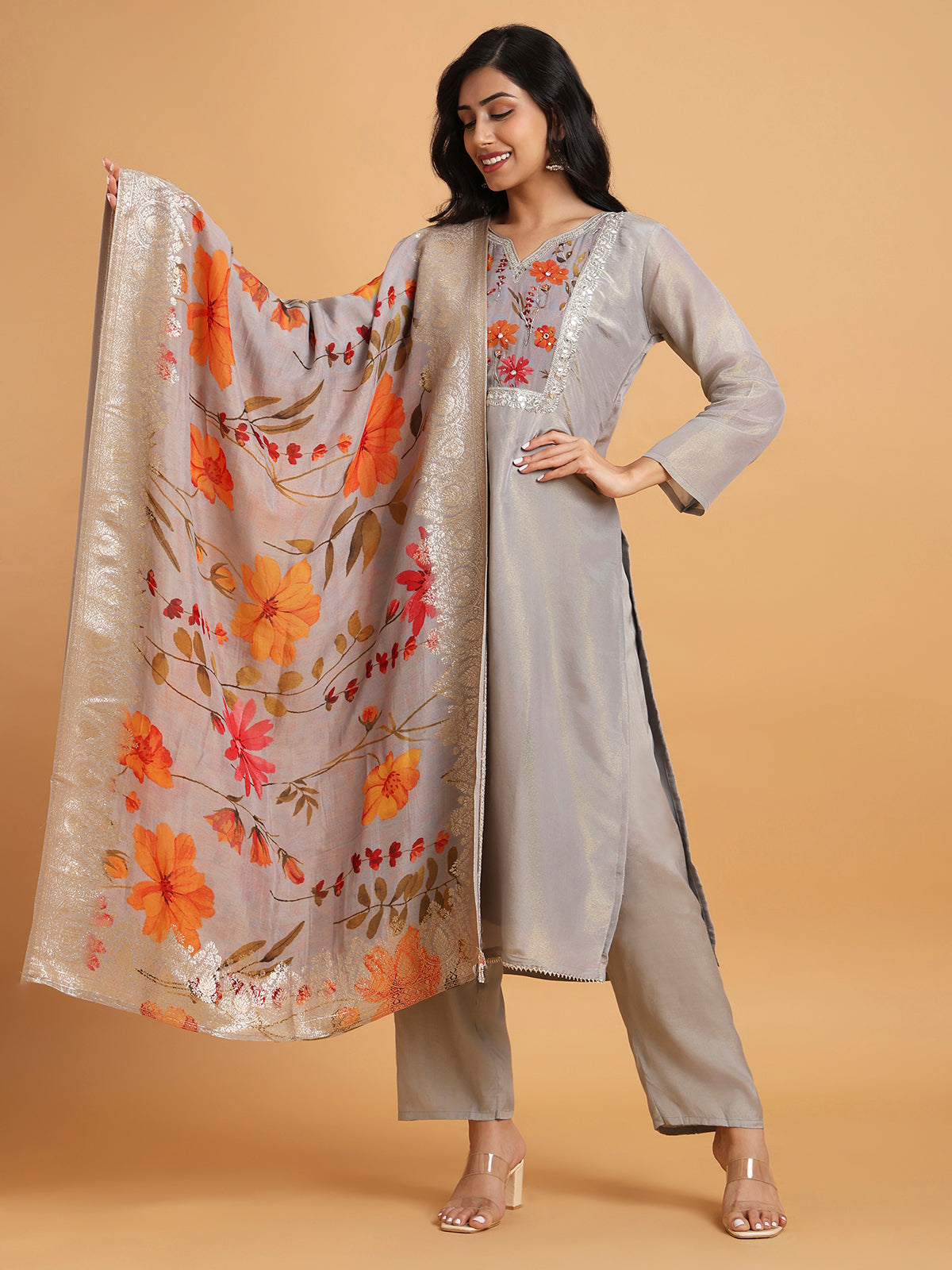 Light grey kurta set with floral yoke and dupatta