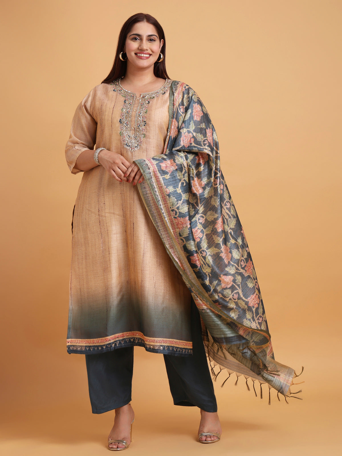 Beige kurta set with navy floral handloom dupatta