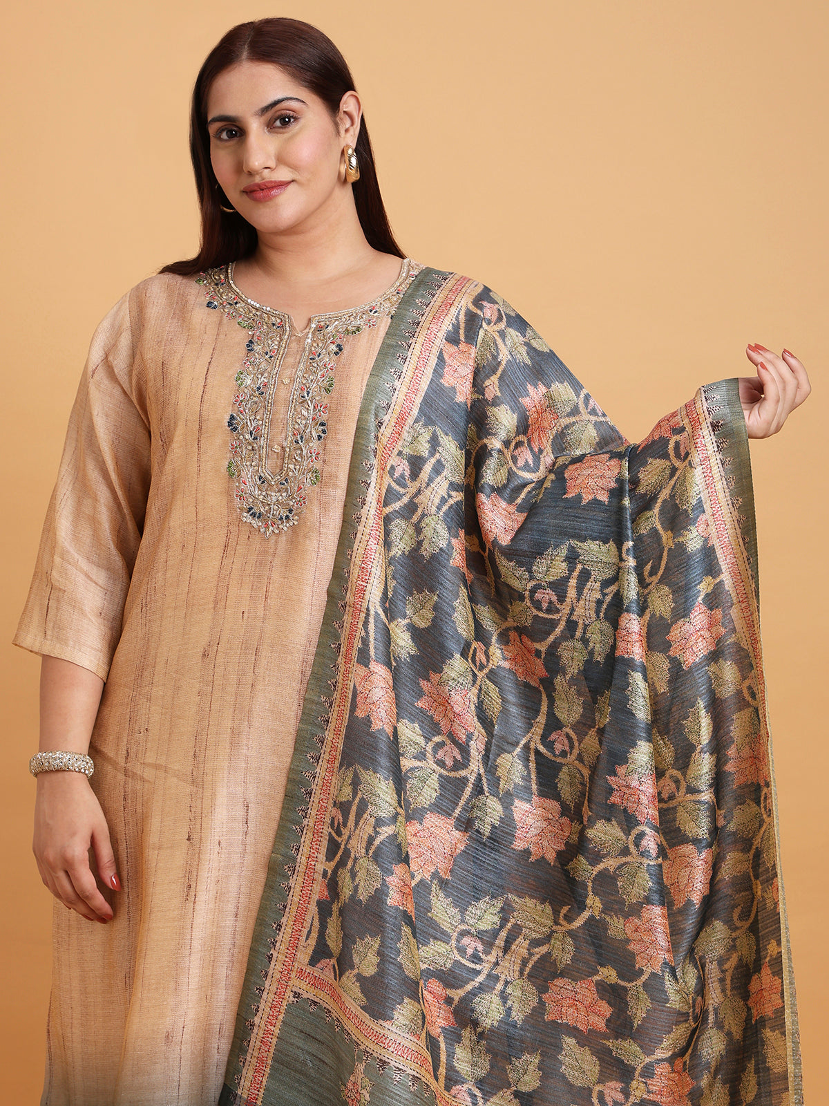 Beige kurta set with navy floral handloom dupatta