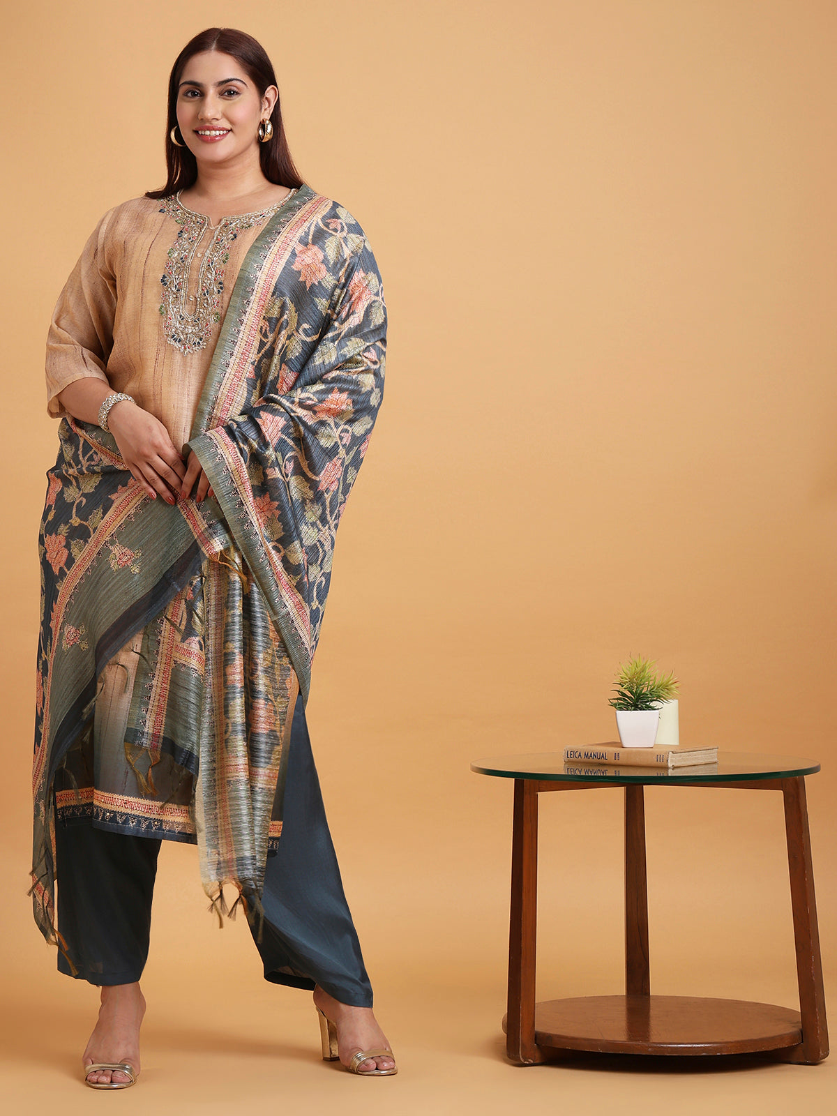 Beige kurta set with navy floral handloom dupatta